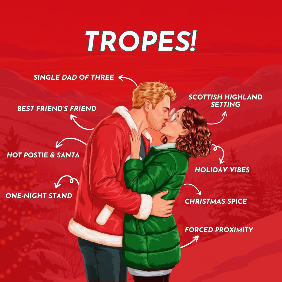 Illustration of a couple embracing with trope labels on a red background: single dad of 3, best friend's friend, hot postie and santa, one-night stand, scottish highland setting, holiday vibes, christmas spice, forced proximity