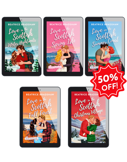 Five covers of the books in the Escape to Scotland series: Love in the Scottish Winter Highlands, Love on the Scottish Spring Isle, Love on the Scottish Summer Coast, Love in the Scottish Fall Forest, Love in the Scottish Christmas Village. Sticker: 50% off!