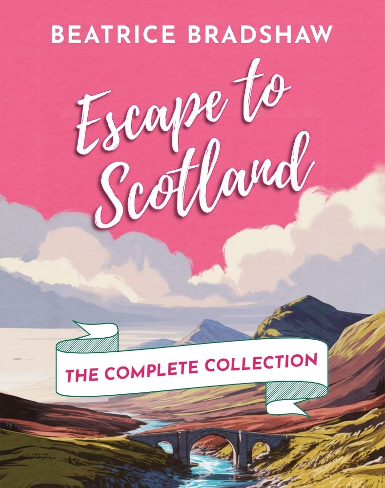Book cover of the 'Escape to Scotland' romance series by Beatrice Bradshaw with a scenic illustration and pink background.
