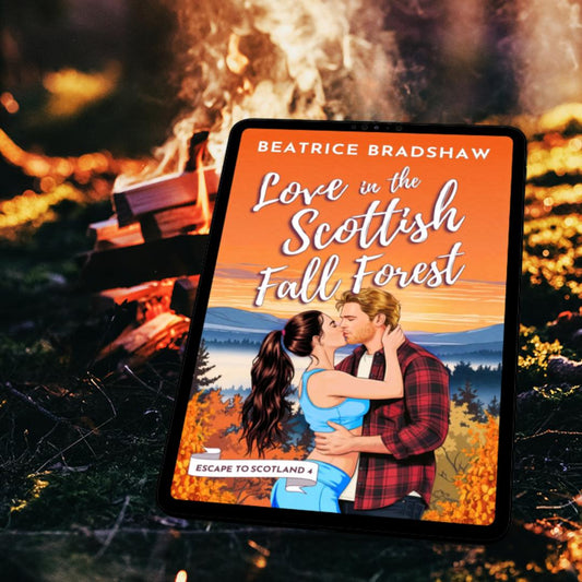 The cover of Love in the Scottish Fall Forest on a tablet in front of a small fire
