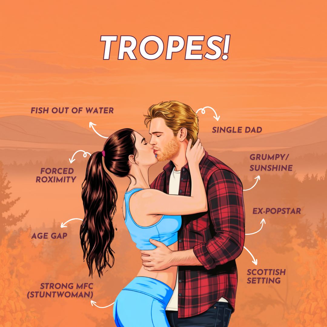 Illustration of a couple embracing with romantic trope labels on an orange background: Fish out of water, single dead, forced proximity, grumpy-sunshine, age gap, ex- popstar, strong MFC, Scottish setting