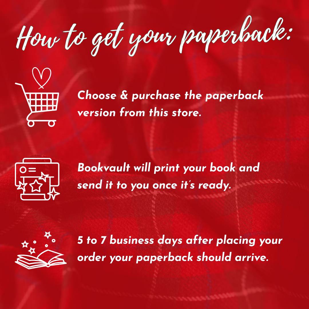 Red background with text and icons explaining how to get a paperback book using Bookvault service.