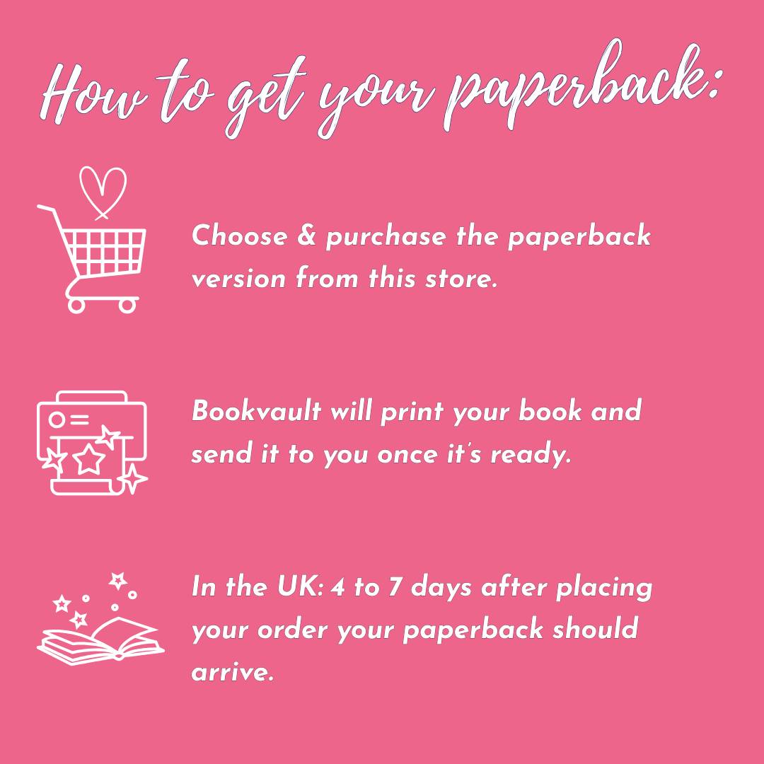 Instructions for obtaining a paperback book on a pink background with icons and text.
