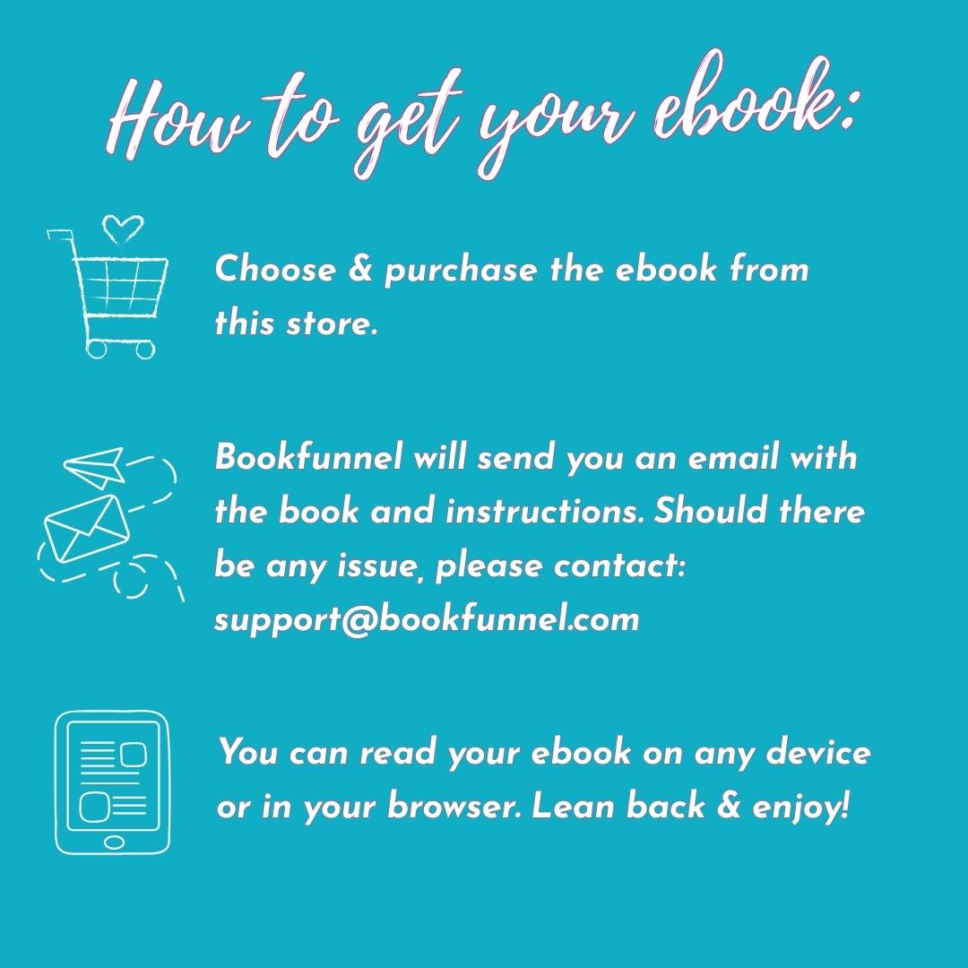 Instructions on how to get an ebook from Bookfunnel with contact information on a blue background.