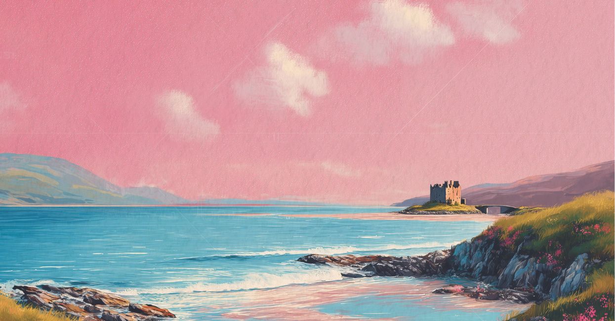 Illustration of a Scottish coastal scene with a ruined castle on an island, under a pink sky.