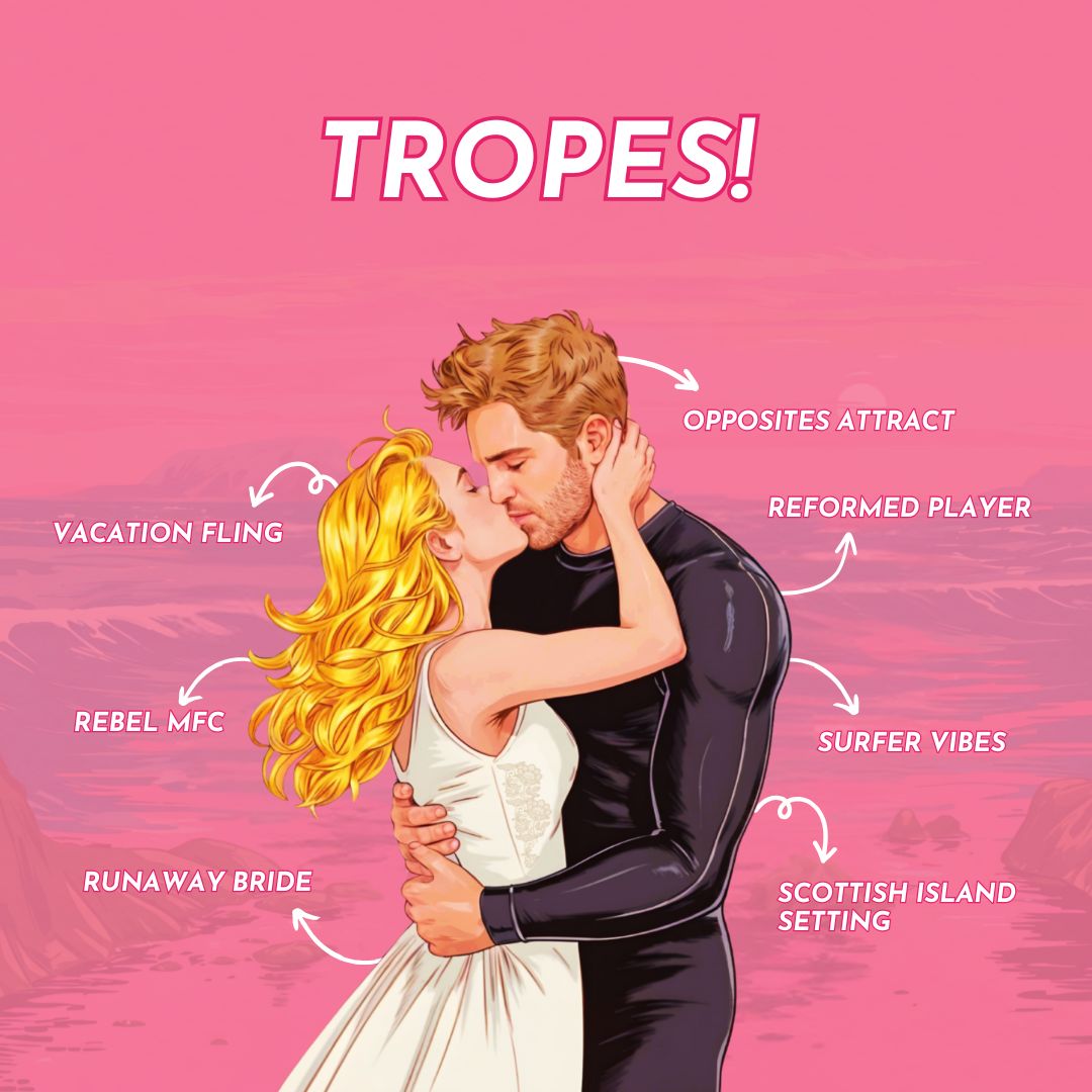 Illustration of a couple embracing with romantic trope text on a pink background: vacation fling, opposites attract, reformed player, surfer vibes, scottish Island setting, runaway bride, rebel MFC, vacation fling