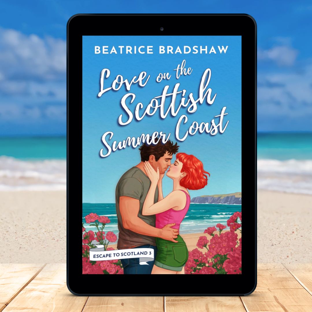 The cover of Love on the Scottish Summer Coast on tablet, pristine beach in the background