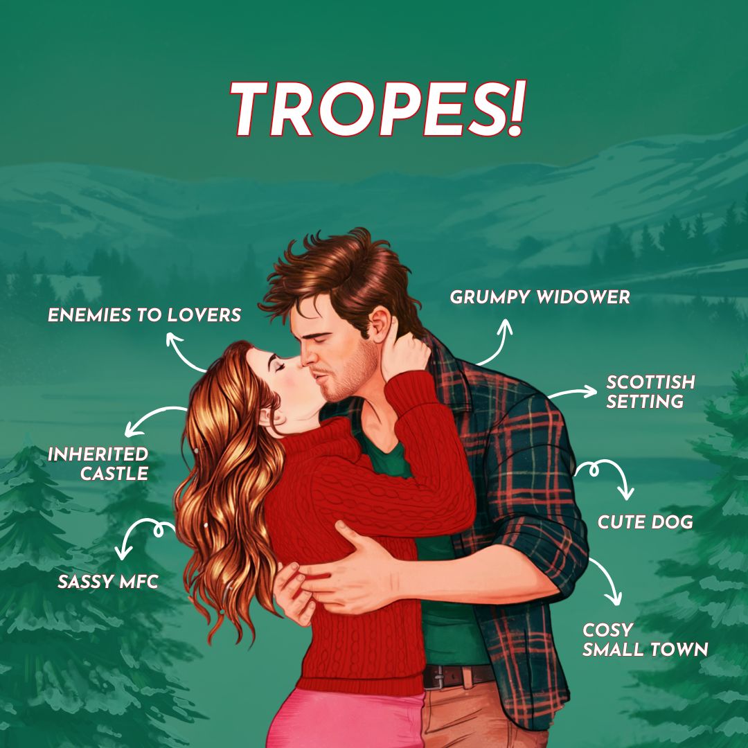 Illustration of a couple embracing with trope labels on a green background: enemies to lovers, grumpy widower, scottish setting, inherited castle, sassy MFC, cute dog, cosy small town