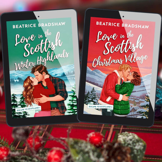 Two tablet screens displaying book covers of 'Love in the Scottish Highlands' and 'Love in the Scottish Christmas Village' by Beatrice Bradshaw, with a festive background.