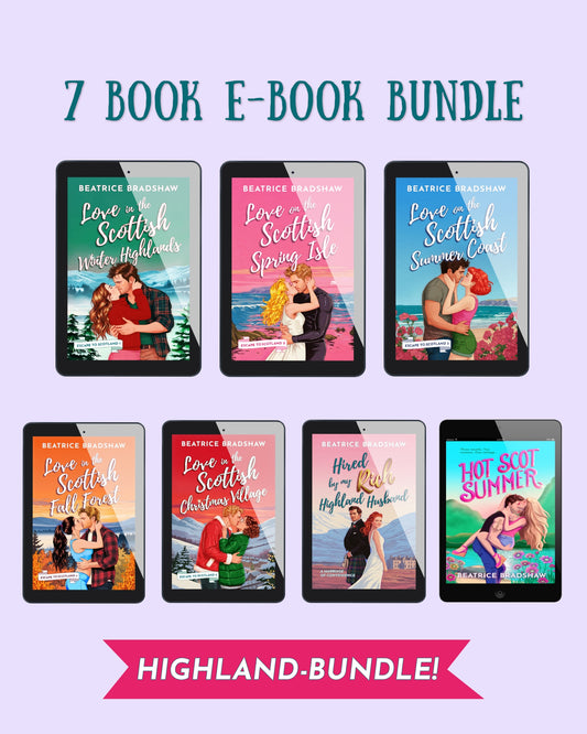 The Scottish Romance Ebook Bundle by Beatrice Bradshaw: seven romance novel covers shown on tablets against a pale lilac background, with the heading '7 BOOK E-BOOK BUNDLE' and a pink banner reading 'HIGHLAND-BUNDLE!'. The covers are the five Escape to Scotland novels, Hired by My Rich Highland Husband, and Hot Scot Summer.