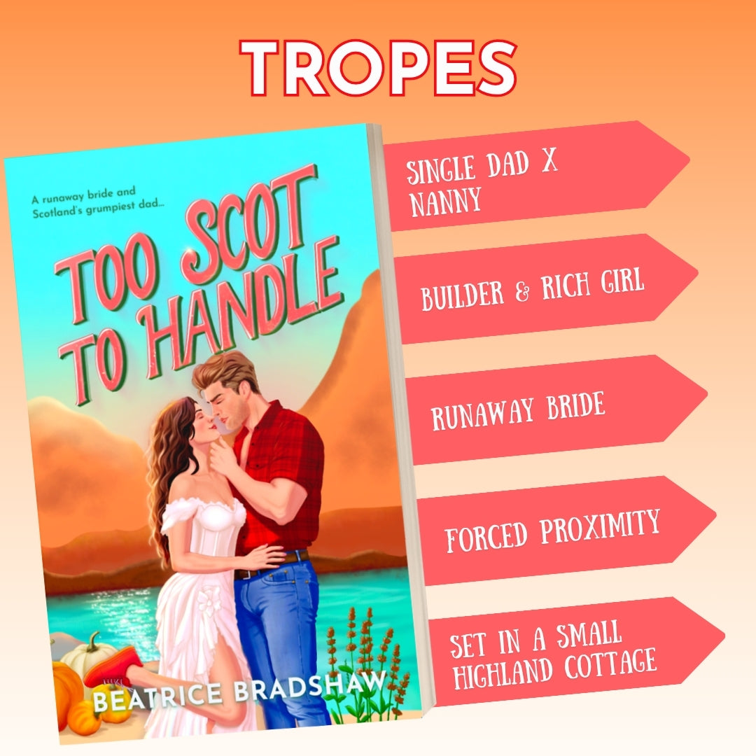 Book cover for the romance novel 'Too Scot to Handle' by Beatrice Bradshaw, shown alongside a list of tropes on a peach gradient background with the word 'TROPES' at the top.