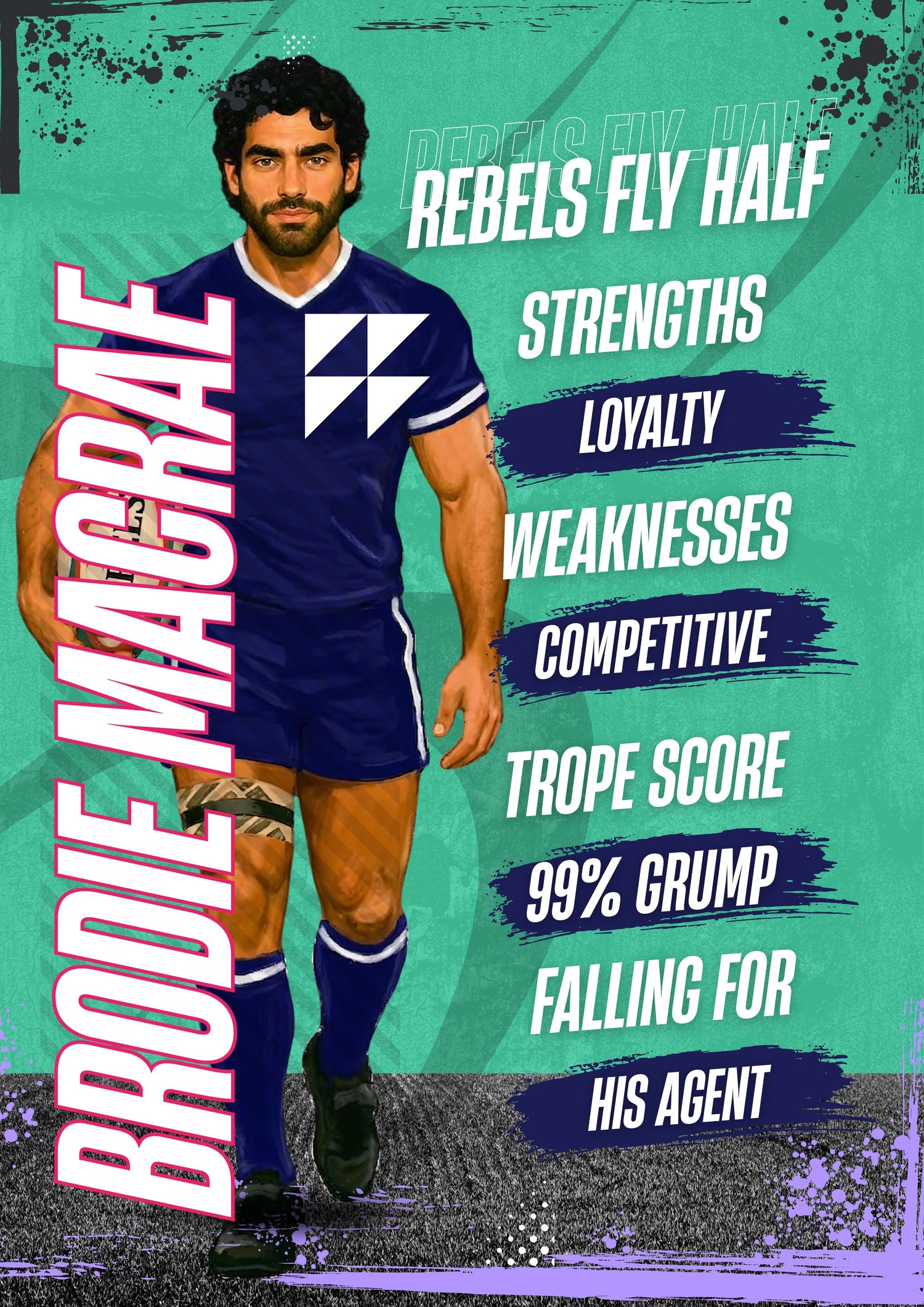 Illustration of a rugby player with dark hair wearing a sports jersey with text about 'Rebels Fly Half' and 'Brodie MacRae'.