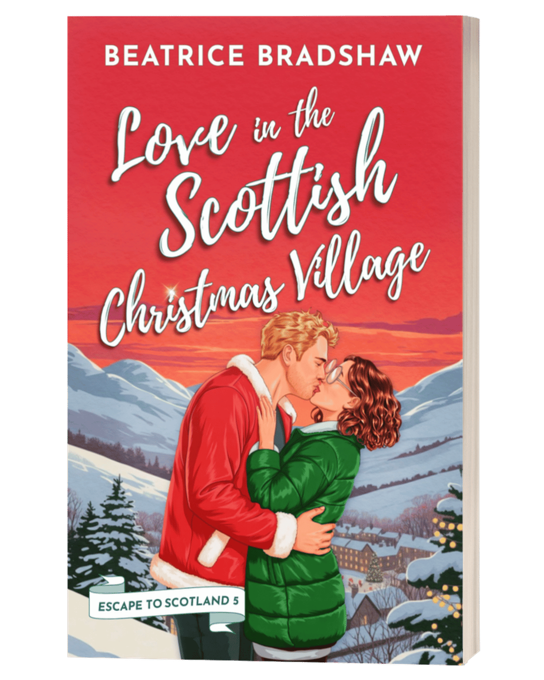 Book cover of 'Love in the Scottish Christmas Village' by Beatrice Bradshaw with a couple embracing in a snowy village.