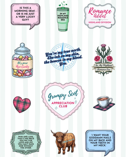 A sheet of nine vintage-style illustrated stickers or labels with romantic quotes, floral designs, a plaid heart, a cup of tea, a cow, and text boxes on a pale green striped background.