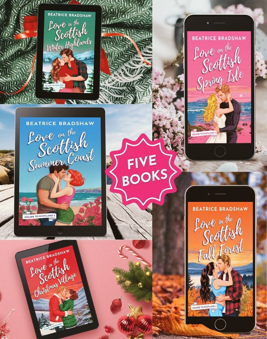Collage of five book covers by Beatrice Bradshaw on digital devices with decorative elements: Love in the Scottish winter Highlands, love on the Scottish Spring Isle, love on the Scottish summer coast, love in the Scottish for forest, love in the Scottish Christmas village
