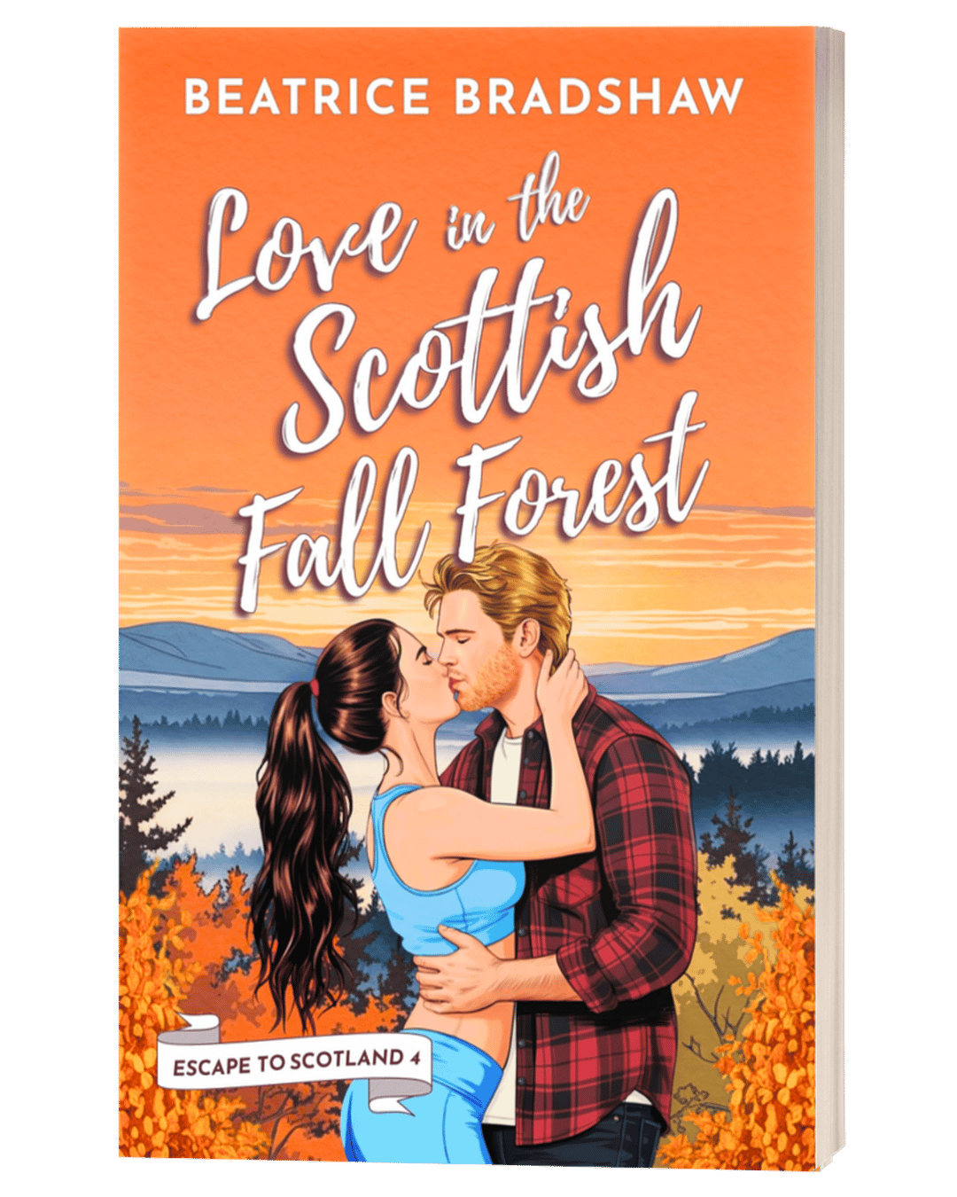 Book cover of 'Love in the Scottish Fall Forest' by Beatrice Bradshaw with a couple embracing in a forest.