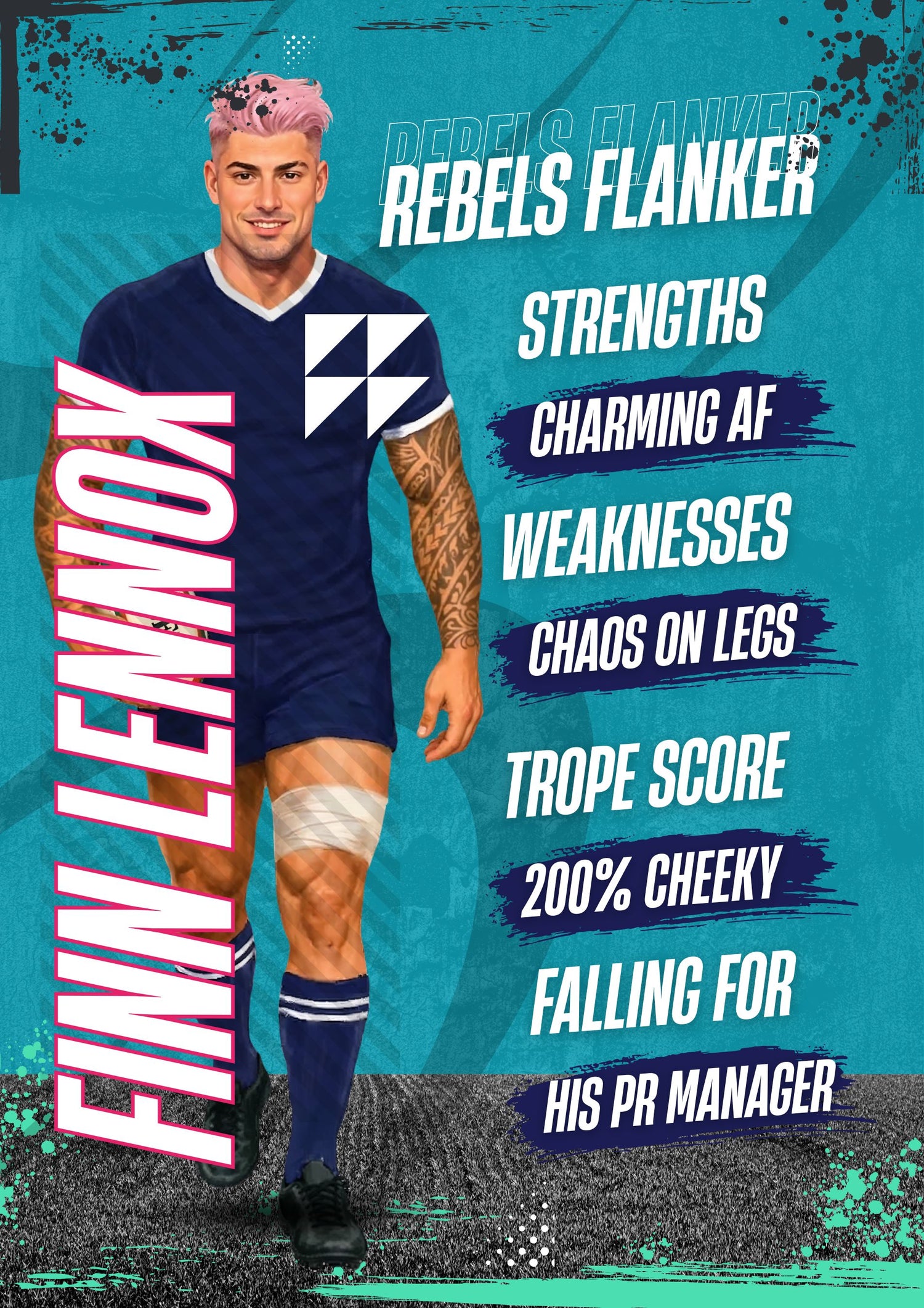 Illustration of a rugby player with pink hair wearing a sports jersey with text about 'Rebels Flanker' and 'Finn Lennox'.