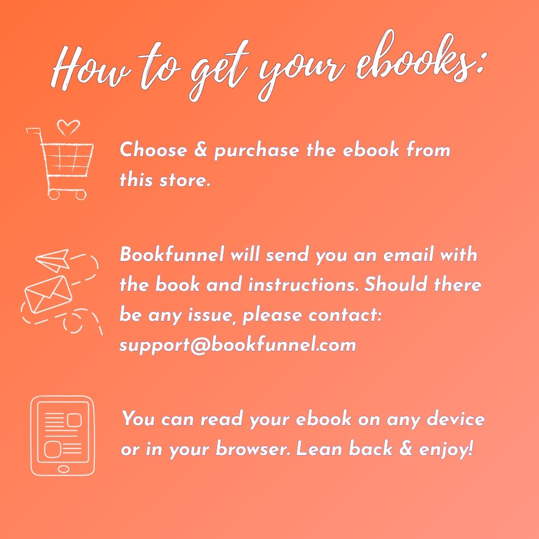 An orange and coral informational graphic with white text reading 'How to get your ebooks:' and three outlined icons and sentences explaining how to purchase, receive, and read ebooks from BookFunnel.