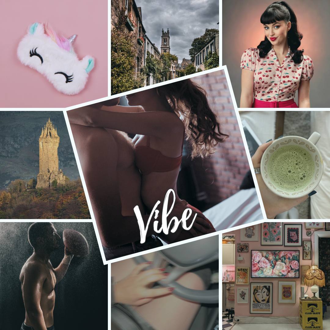 Collage of various images including a unicorn sleeping mask, Edinburgh's cityscape, a woman with a ponytail in a cherry blouse, the Wallace Monument, a person holding a matcha latte, a rugby player and a room interior.