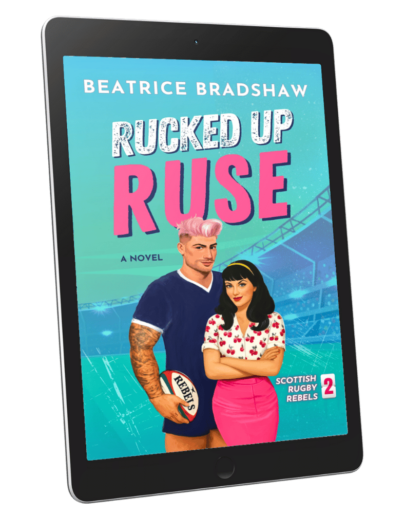 Ebook cover of the fake dating rugby romance 'Rucked Up Ruse' by Beatrice Bradshaw on a tablet screen.