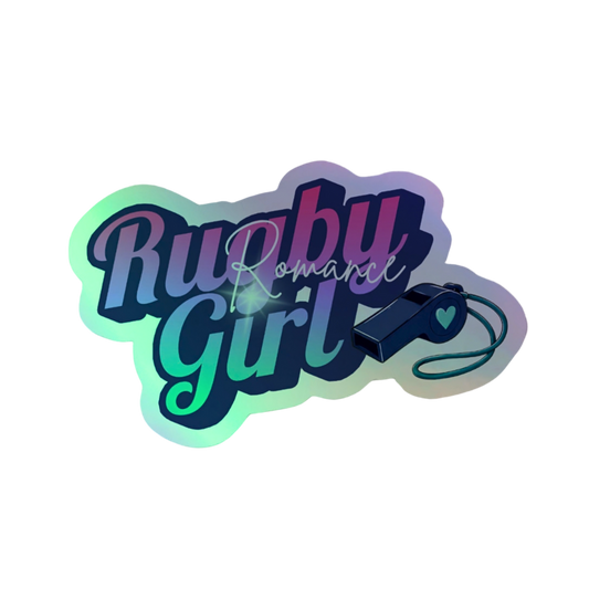 A die-cut sticker featuring the text 'Rugby Romance Girl' in a stylized gradient font, accompanied by a small illustrated whistle with a heart, on a plain white background.