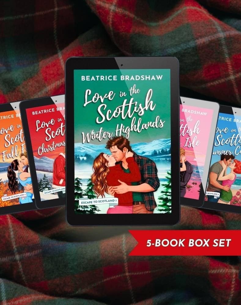Collection of 5 'Escape to Scotland' book covers on a plaid fabric background