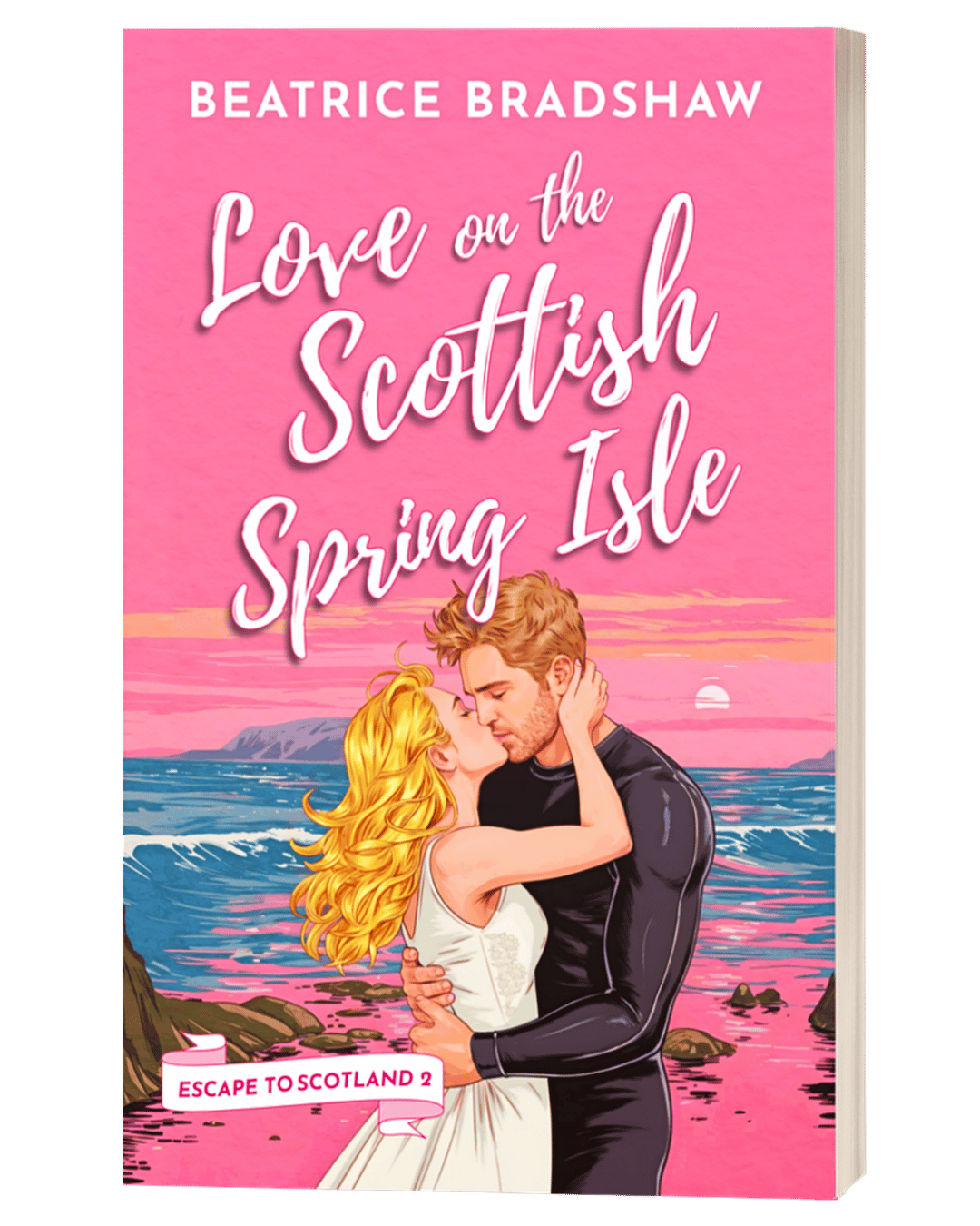 Book cover of 'Love on the Scottish Spring Isle' by Beatrice Bradshaw with a couple embracing on a Scottish Hebridean Island