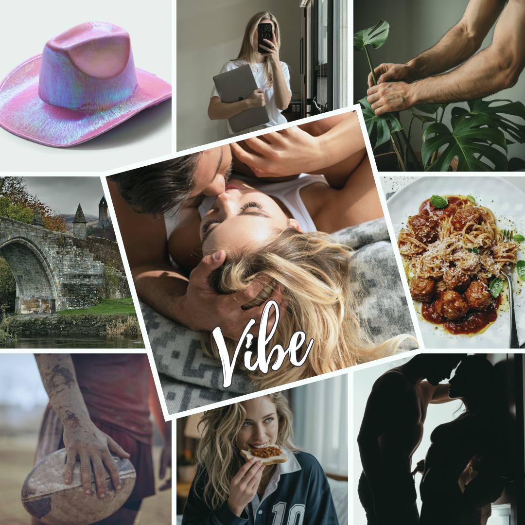 Tackled by Trouble Vibe Collage: a pink cowboy hat, a business woman, a plant daddy, Stirling Bridge, spaghetti with meatballs, a kissing couple, a rugby player holding a rugby ball, a woman with a rugby shirt eating beans on toast