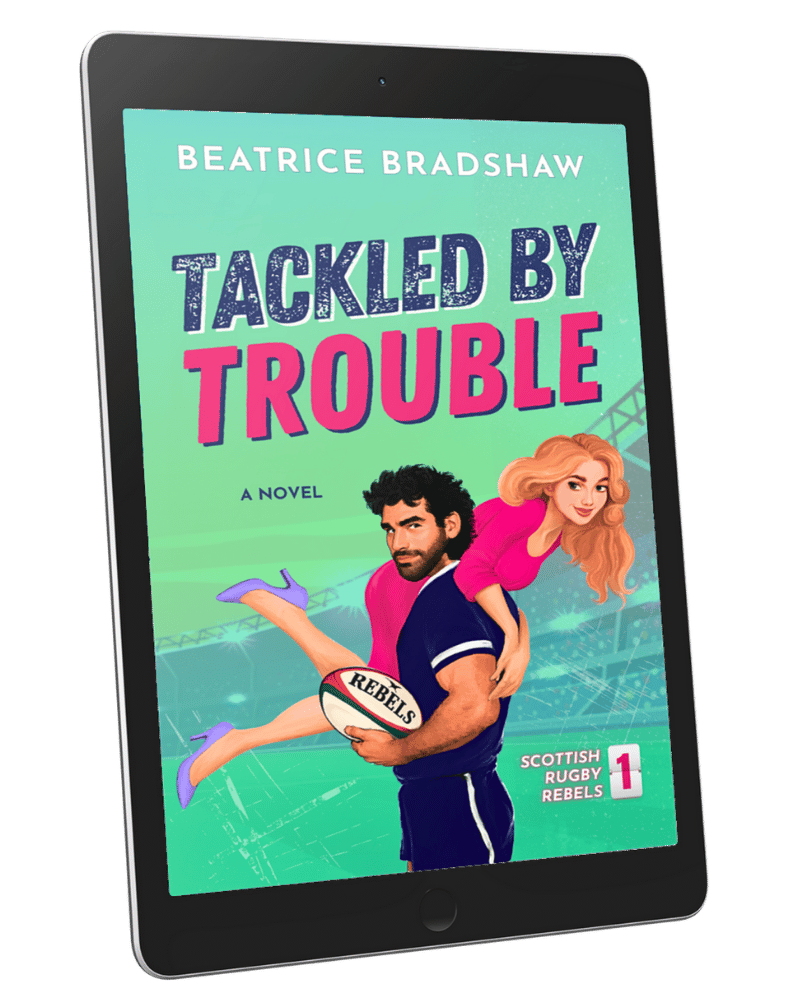 Ebook cover of the enemies-to-lovers rugby romance 'Tackled by Trouble' by Beatrice Bradshaw on a tablet screen.