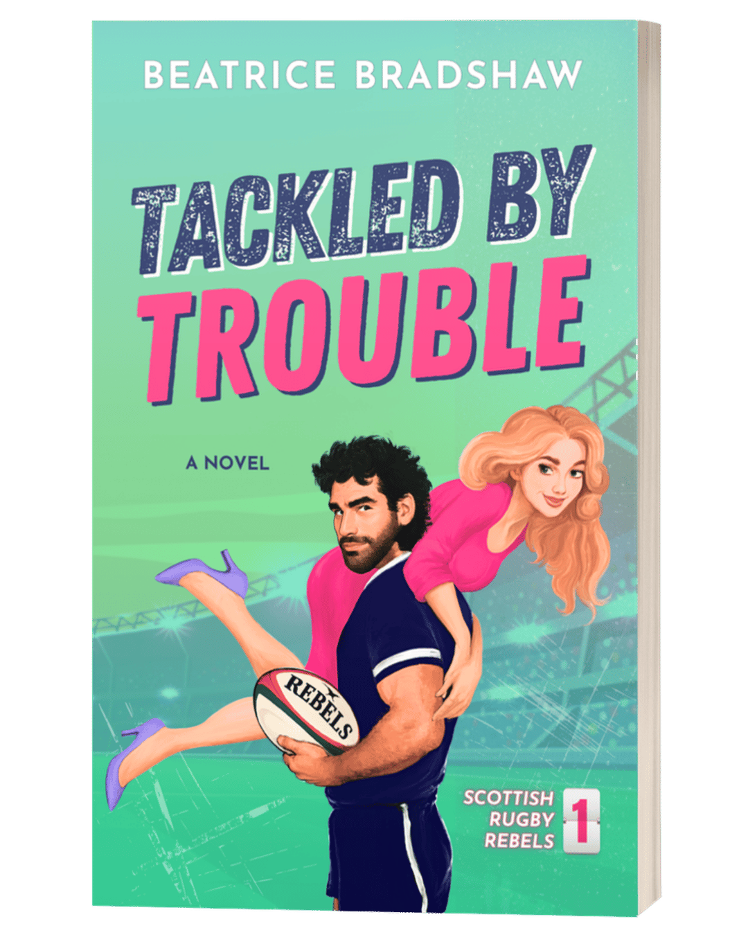 Book cover of 'Tackled by Trouble' by Beatrice Bradshaw with a rugby-themed illustration.