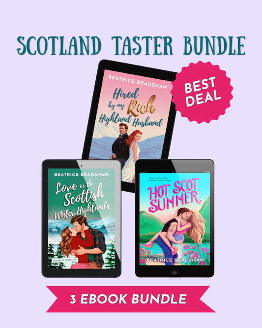 Promotional graphic for a 'Scotland Taster Bundle' featuring three ebooks by Beatrice Bradshaw displayed on tablet screens against a light lavender background, with text reading 'SCOTLAND TASTER BUNDLE,' 'BEST DEAL,' and '3 EBOOK BUNDLE.'.