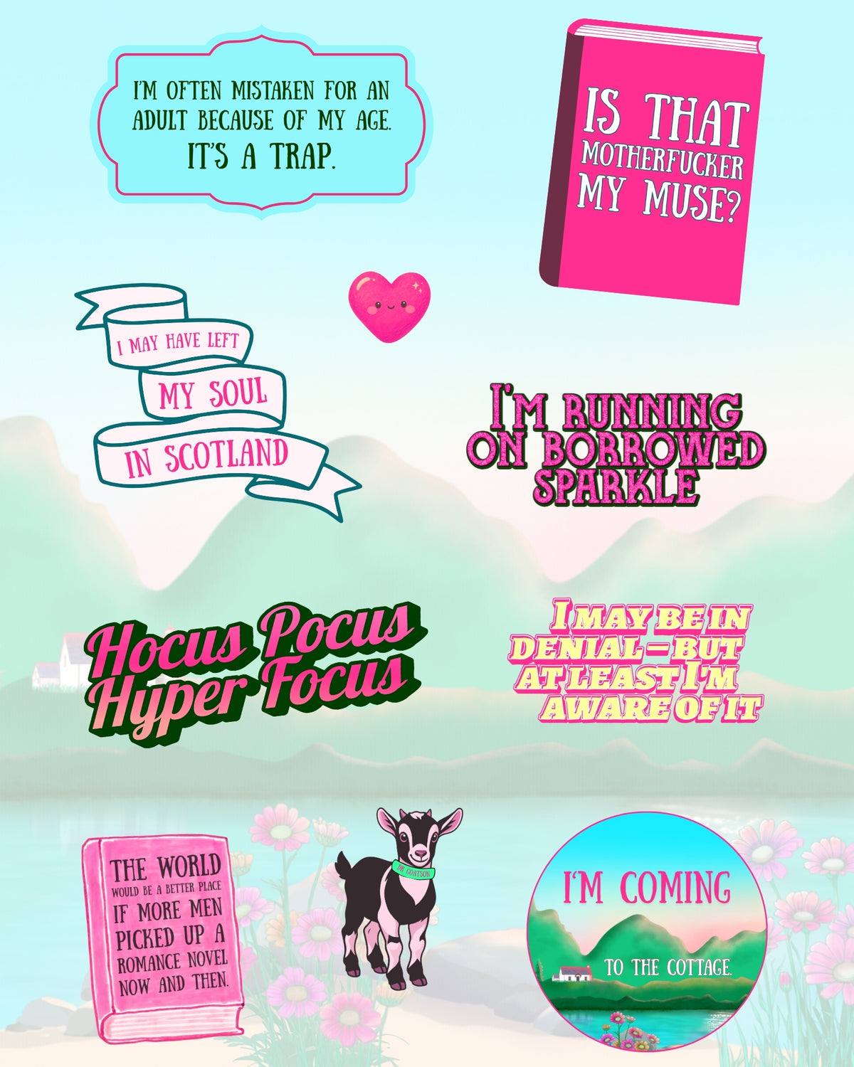 A collection of cute, whimsical cartoon-style text stickers and graphic designs on a pastel background. The designs include various humorous quotes, a pink goat, a pink book, and cute banners in playful fonts.