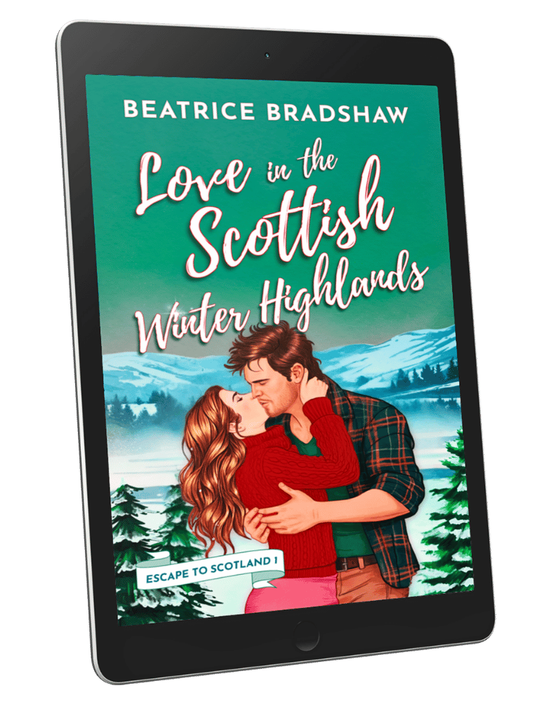 Ebook cover of Love in the Scottish Winter Highlands: an enemies-to-lovers romance book by Beatrice Bradshaw on a tablet