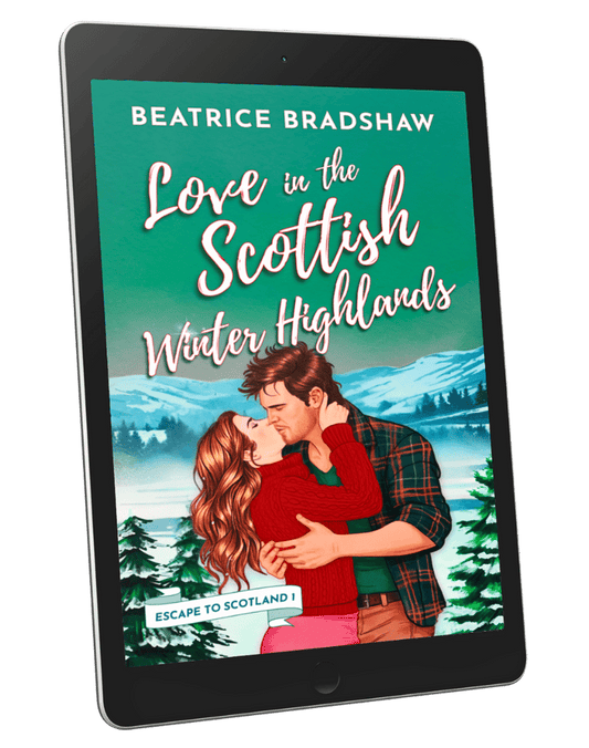 Ebook cover of Love in the Scottish Winter Highlands: an enemies-to-lovers romance book by Beatrice Bradshaw on a tablet