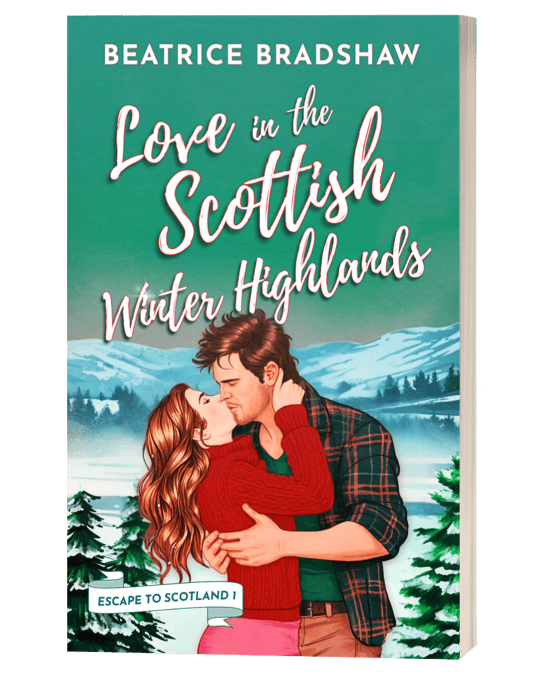 Book cover of 'Love in the Scottish Winter Highlands' by Beatrice Bradshaw with a couple embracing in front of a snowy landscape.