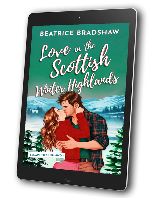 Ebook cover of 'Love in the Scottish Winter Highlands' by Beatrice Bradshaw on a tablet.