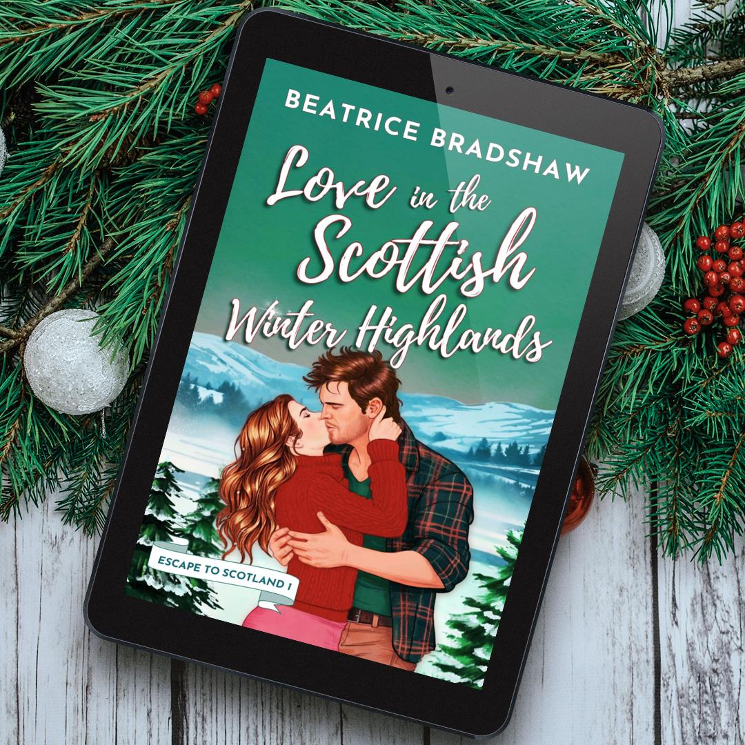 E-reader displaying the book cover of 'Love in the Scottish Winter Highlands' by Beatrice Bradshaw with festive background